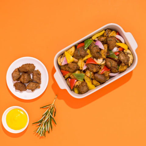Harmless vegan fried chicken bites cooked in a bowl